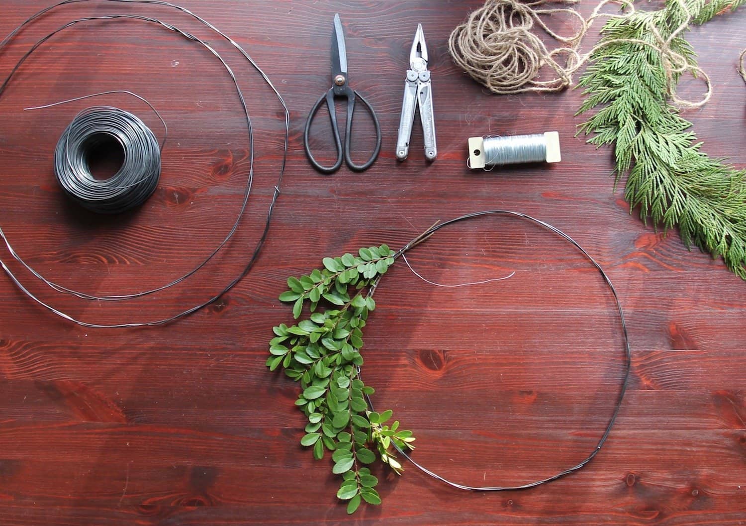 Minimalist wreath tutorial - supplies for simple greenery hoop wreath