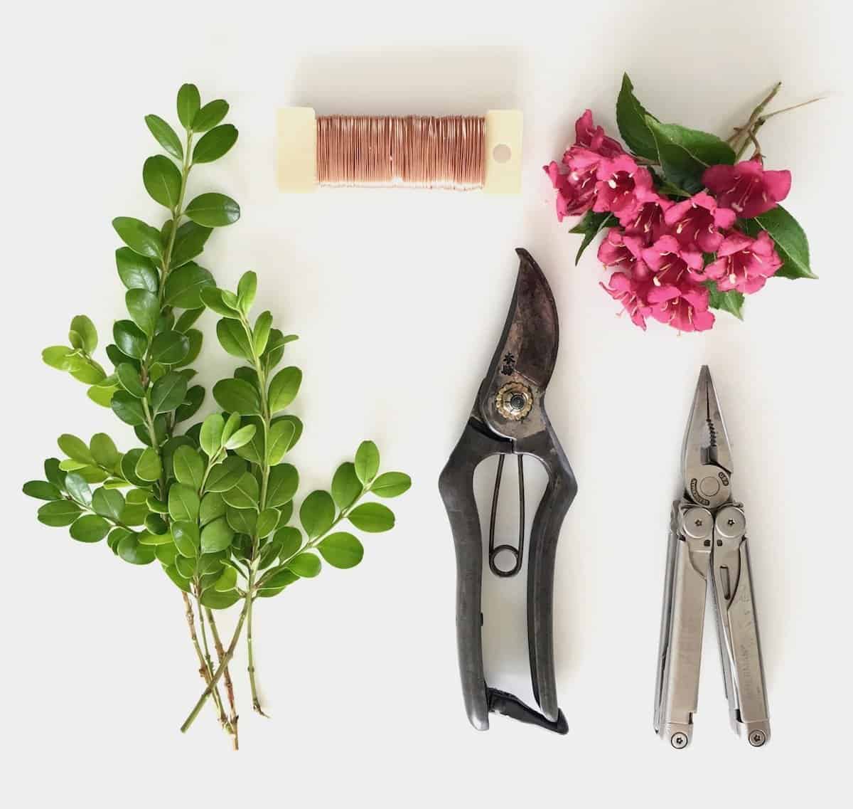 Supplies for making a flower crown - tutorial on how to make a floral crown | home for the harvest