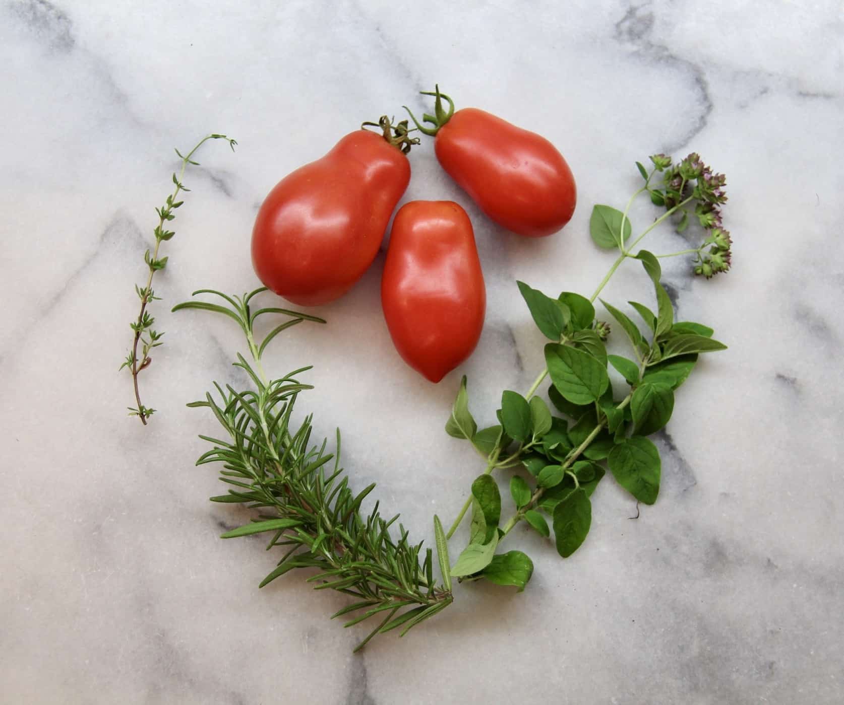 Italian san marzano tomatoes with herbs on marble countertop
