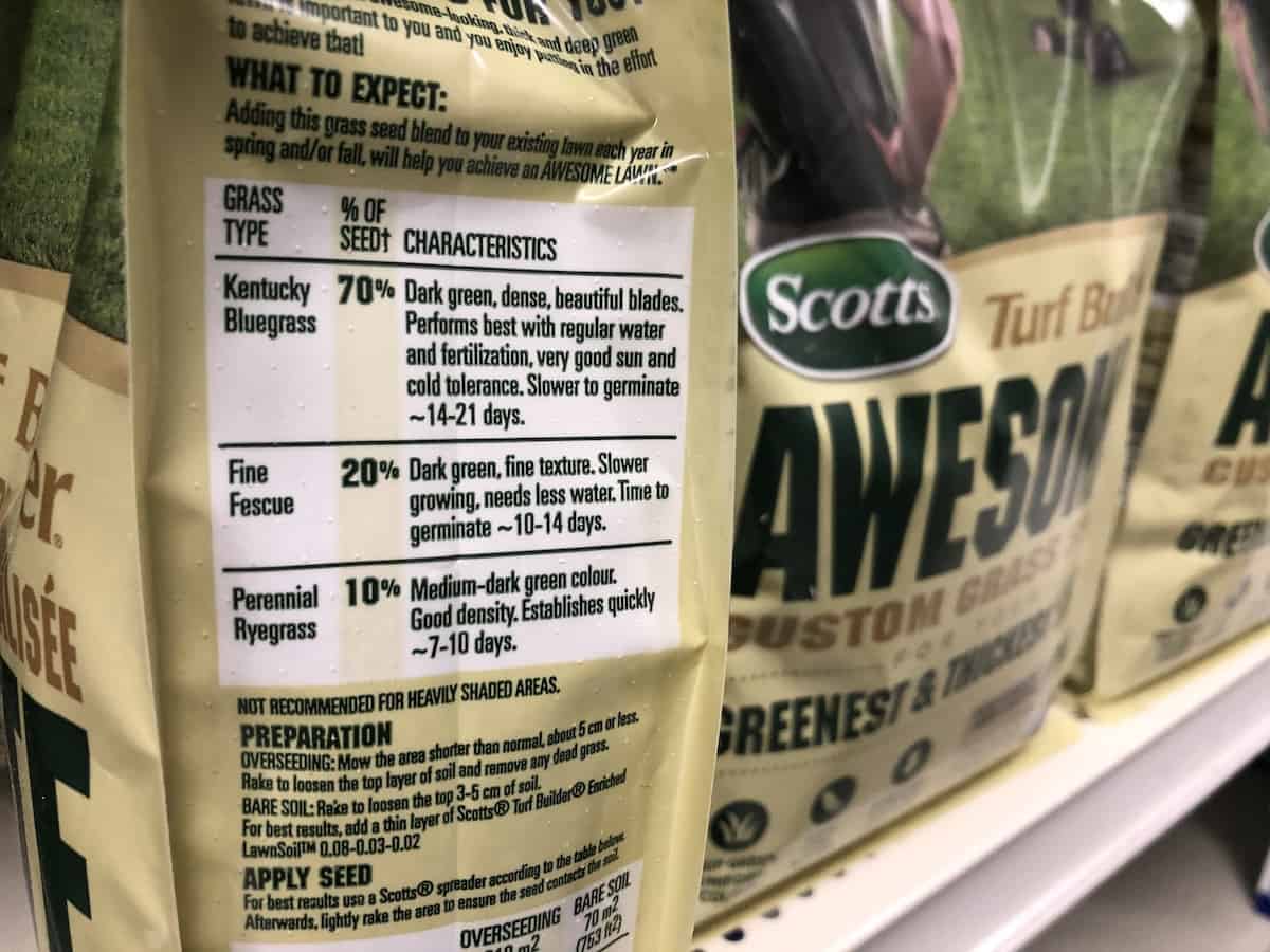Best types of grass seed - package label showing kentucky bluegrass amount, fine fescue, perennial ryegrass