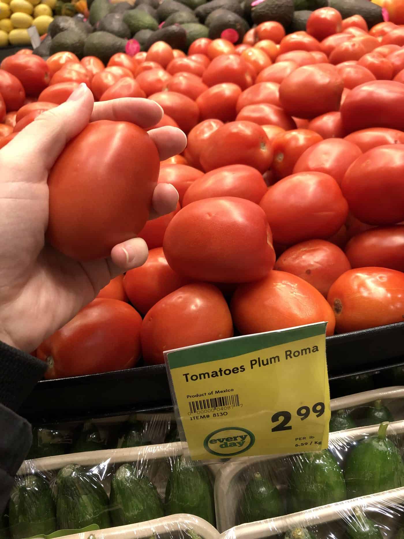 Plum tomatoes at the grocery store