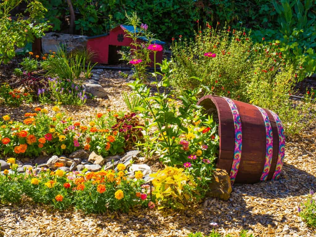 Whiskey barrel garden - sideways with flowers