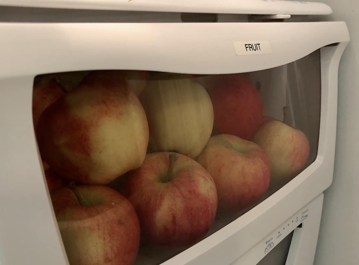 Gala apples stored in a refrigerator crisper drawer