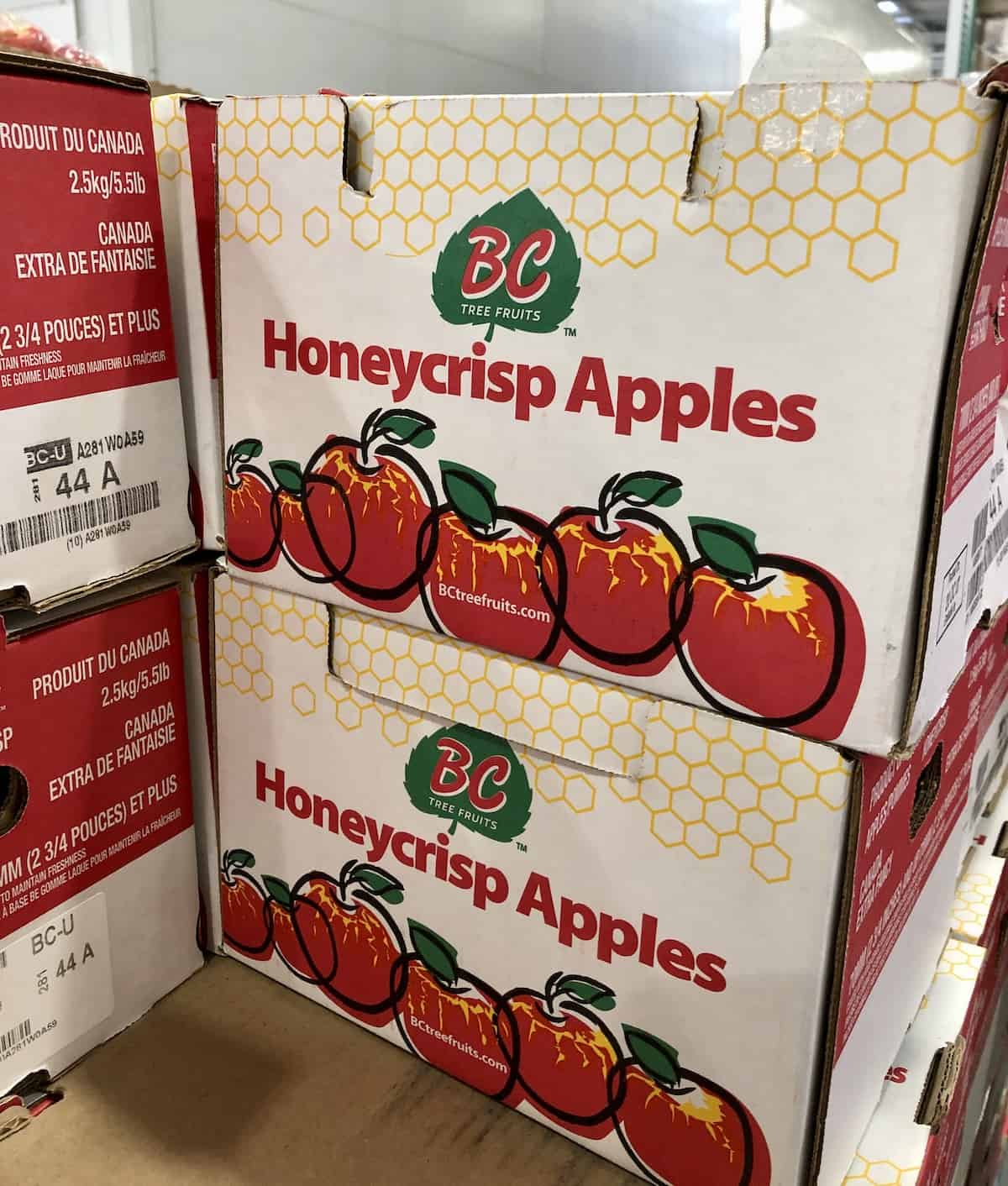 boxes of honeycrisp apples at the store in october