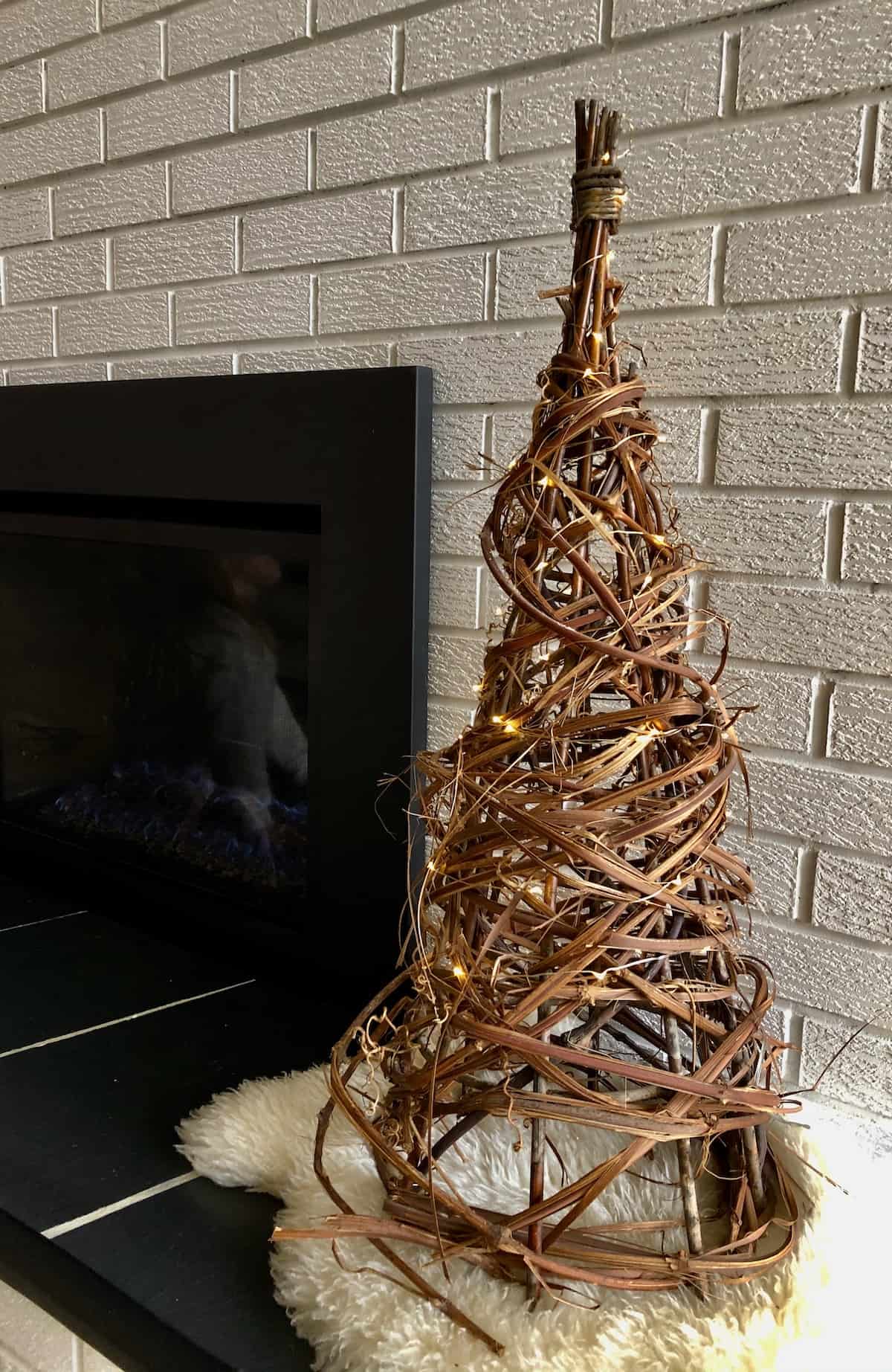 Grapevine twig mini christmas tree with fairy lights