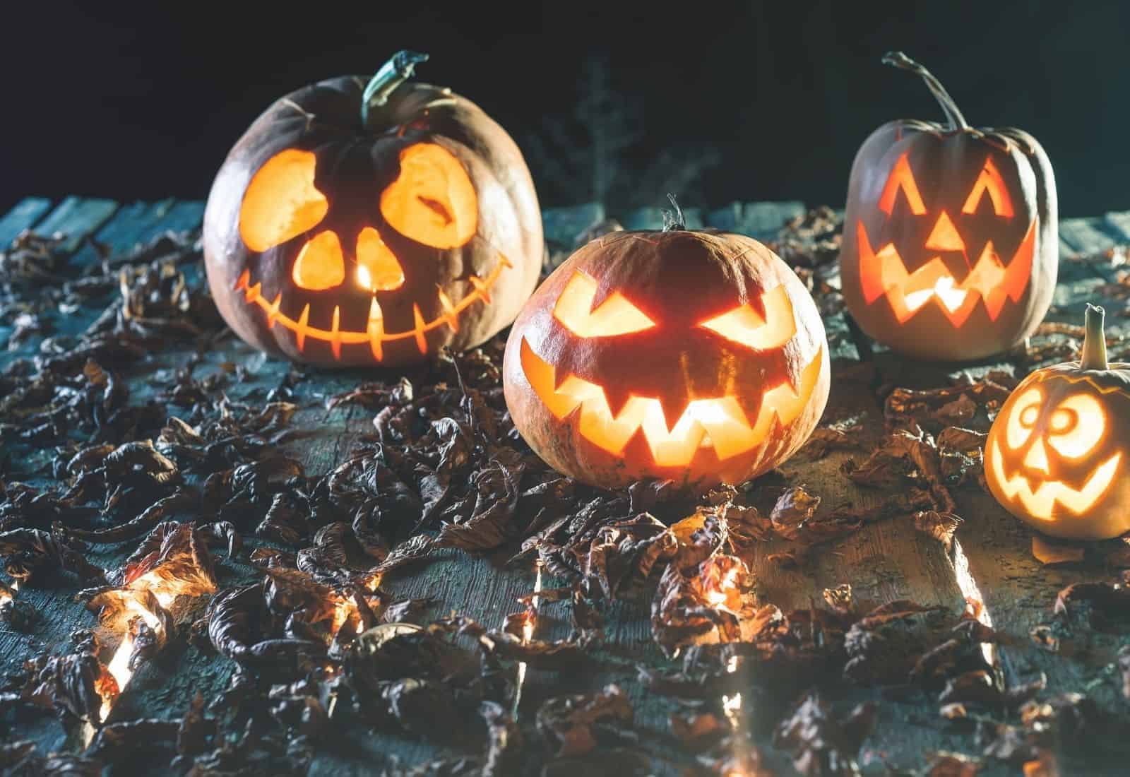 Four scary jack o'lanterns on halloween