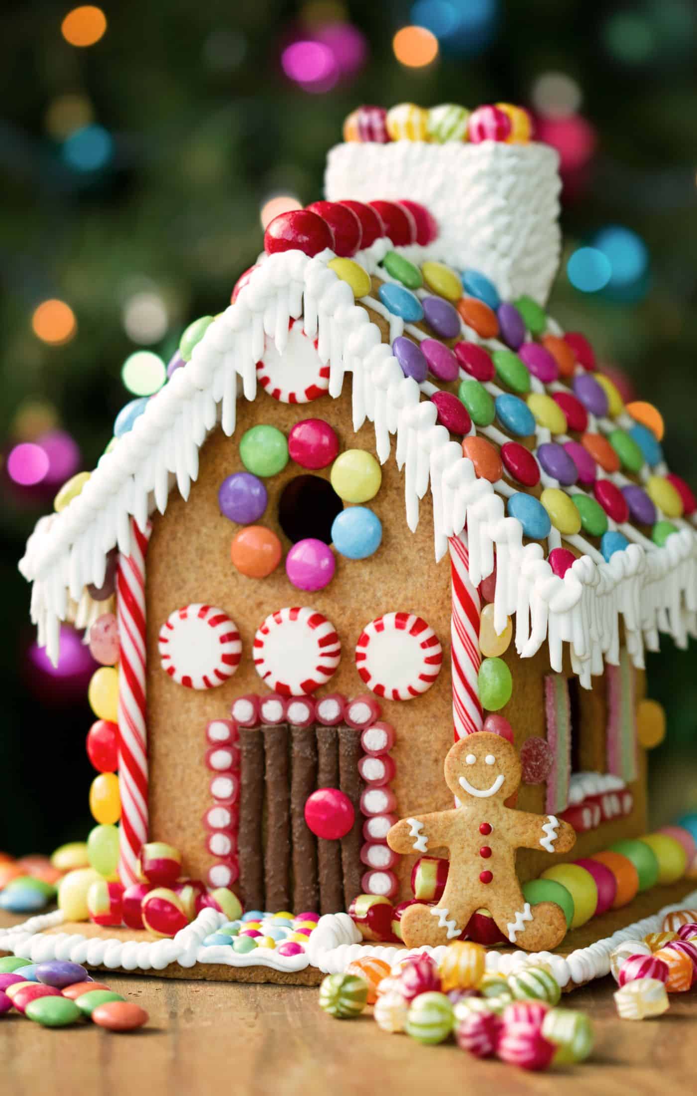 Smarties on classic colorful christmas gingerbread house